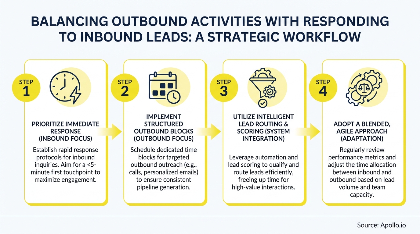 Four-step workflow diagram for balancing inbound lead response with outbound activities.