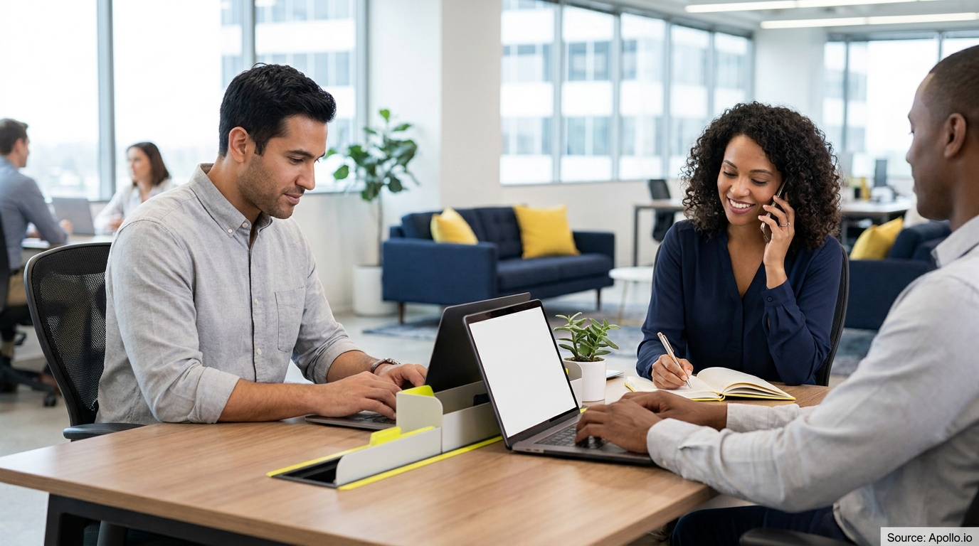 Two men type on laptops while a woman talks on the phone and writes, at a modern office desk.