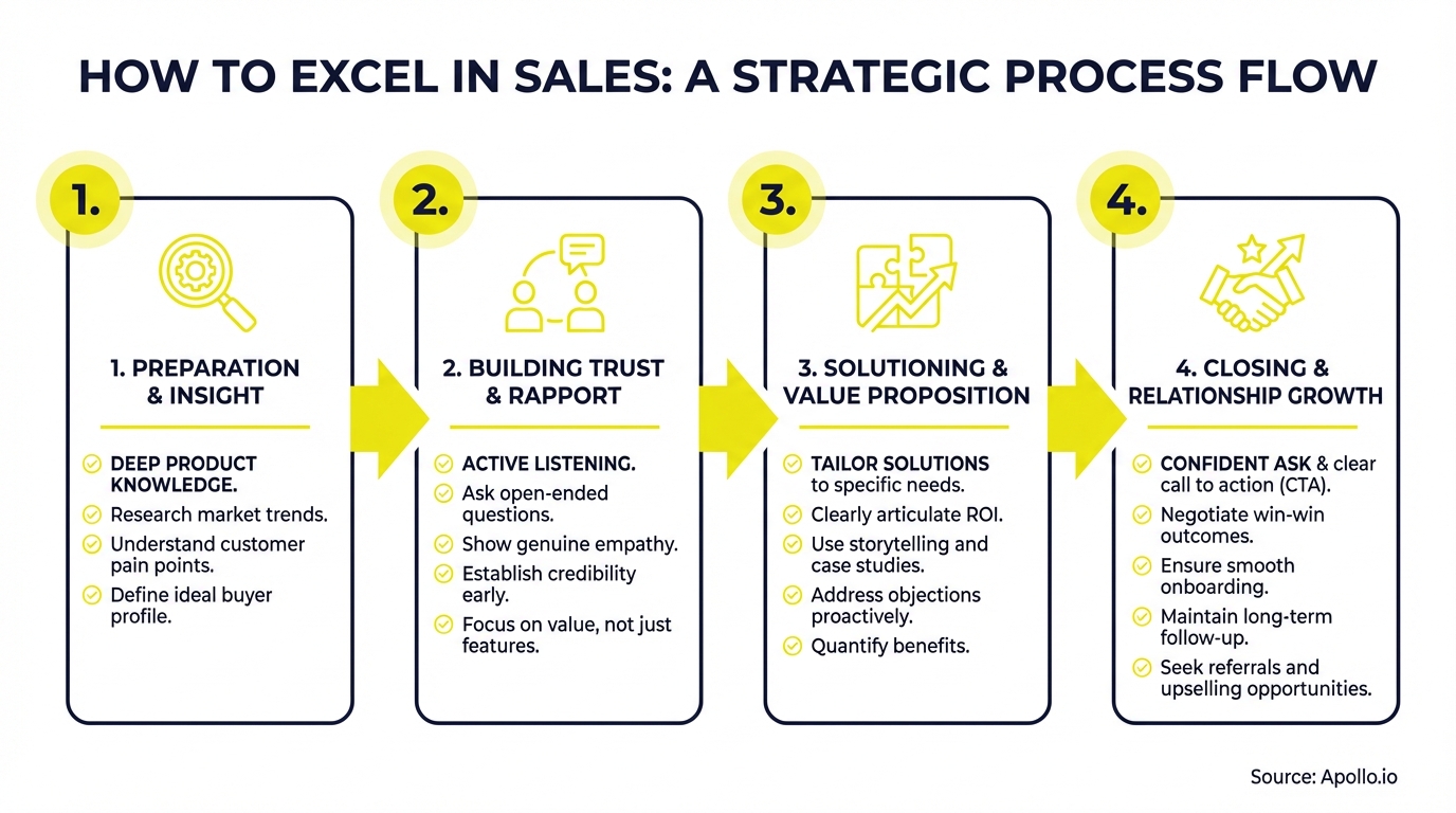 Infographic summarizing key sales strategy with actionable steps