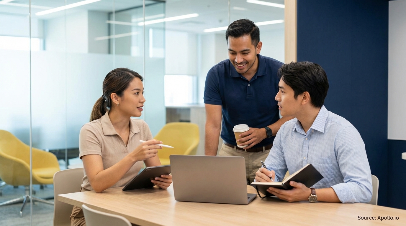 Three colleagues discuss and take notes at a modern office table with a laptop.