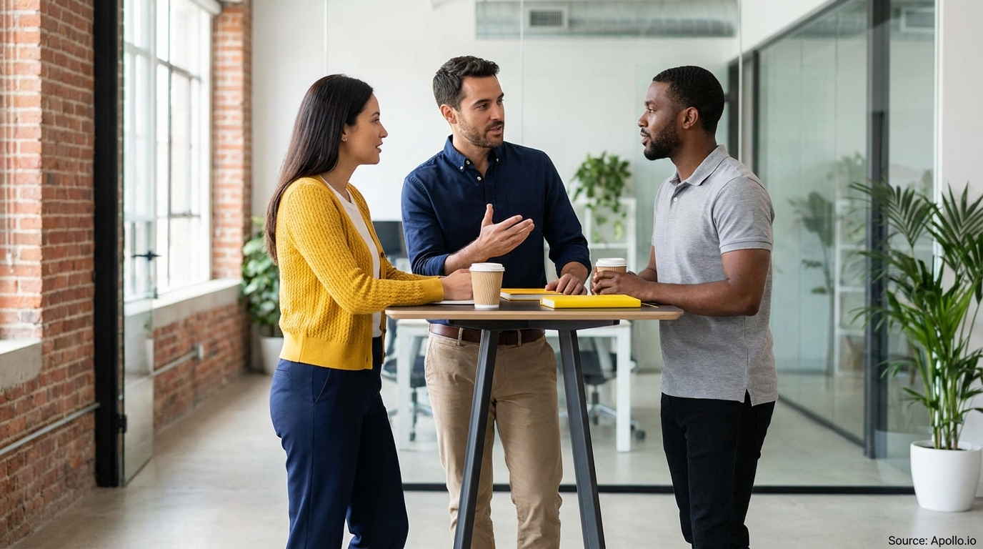 Three professionals stand and discuss at a high table in a modern office.