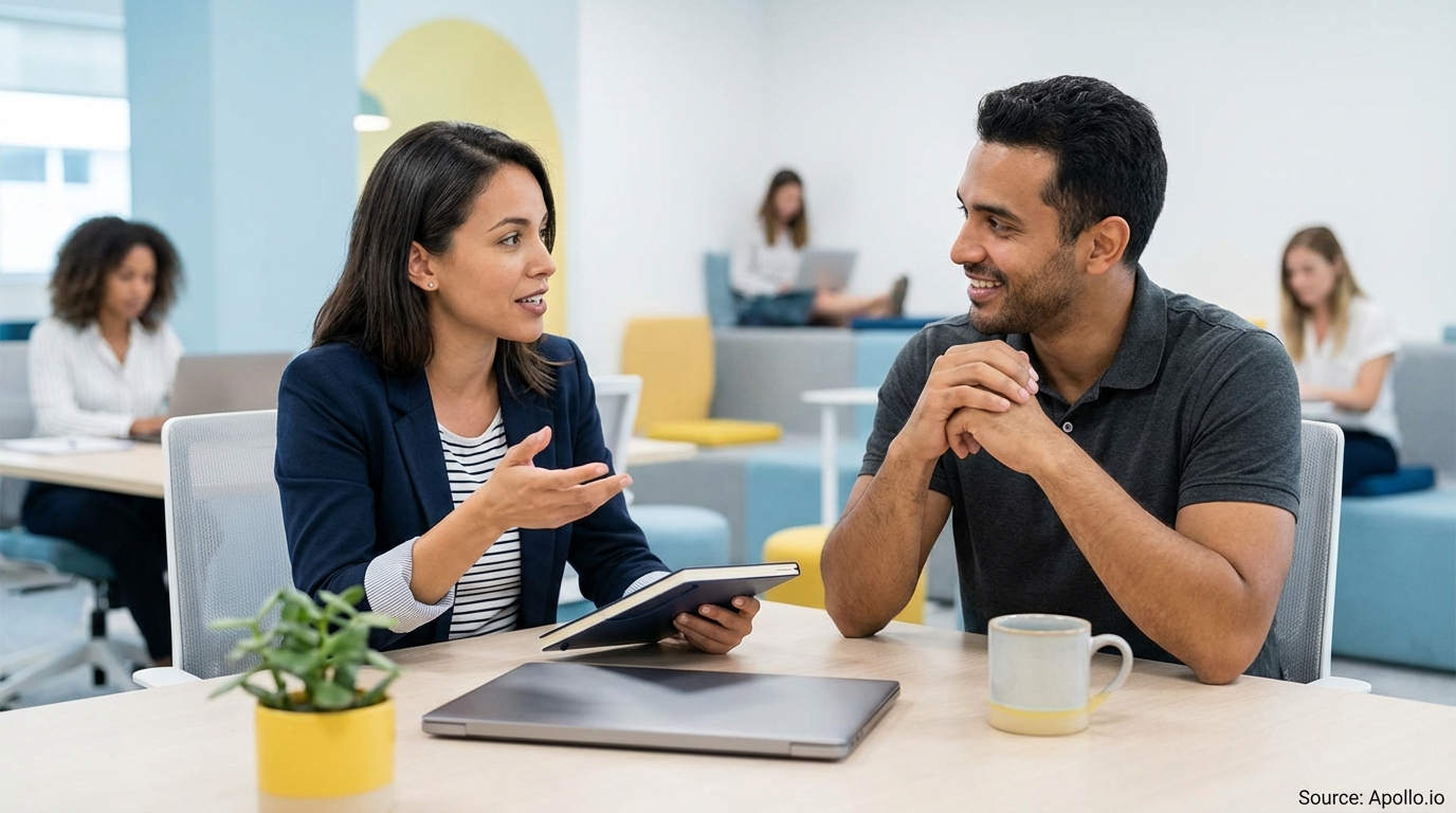 Two professionals collaborating at a desk in a contemporary office.