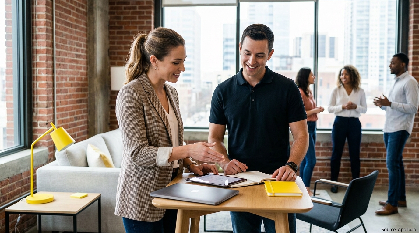 Two professionals discuss a tablet at a modern office table as three others converse.