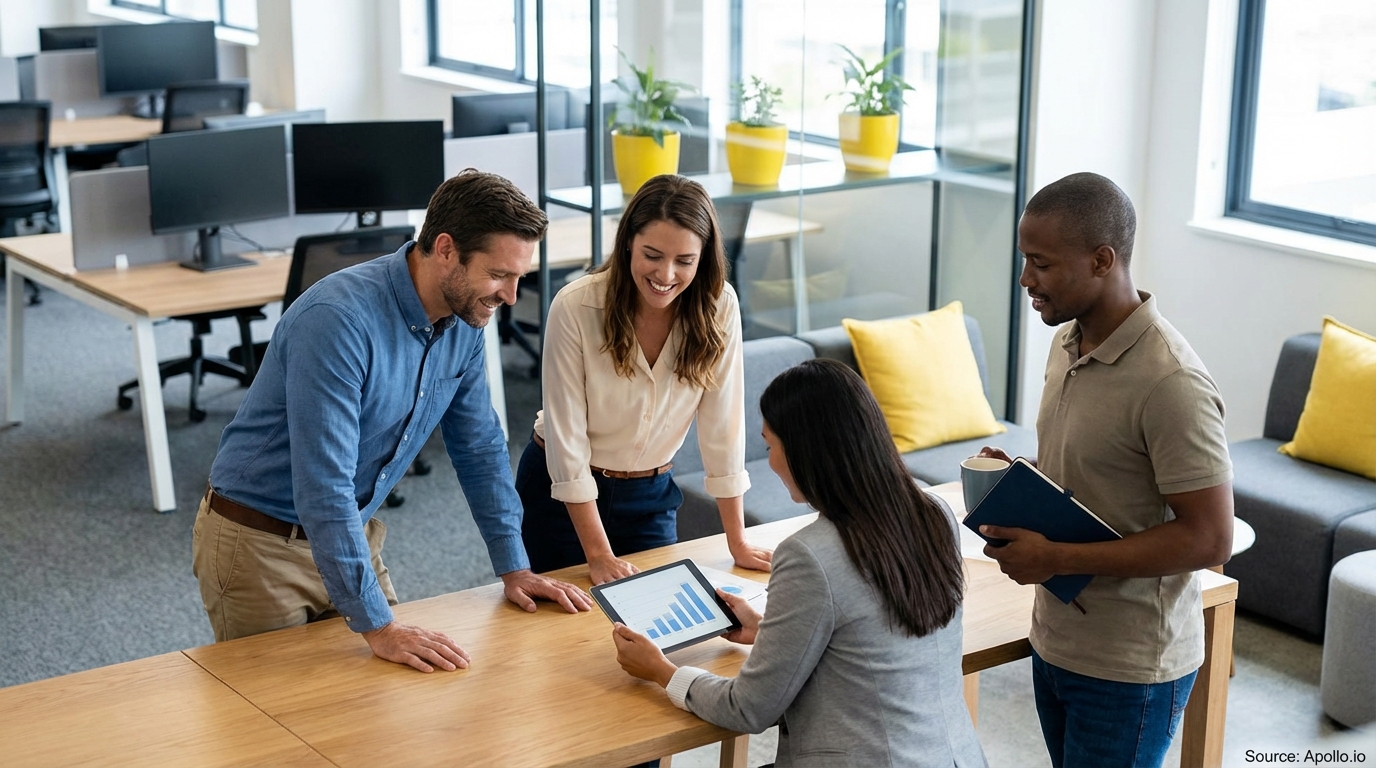Four professionals discuss data on a tablet at a modern office table.