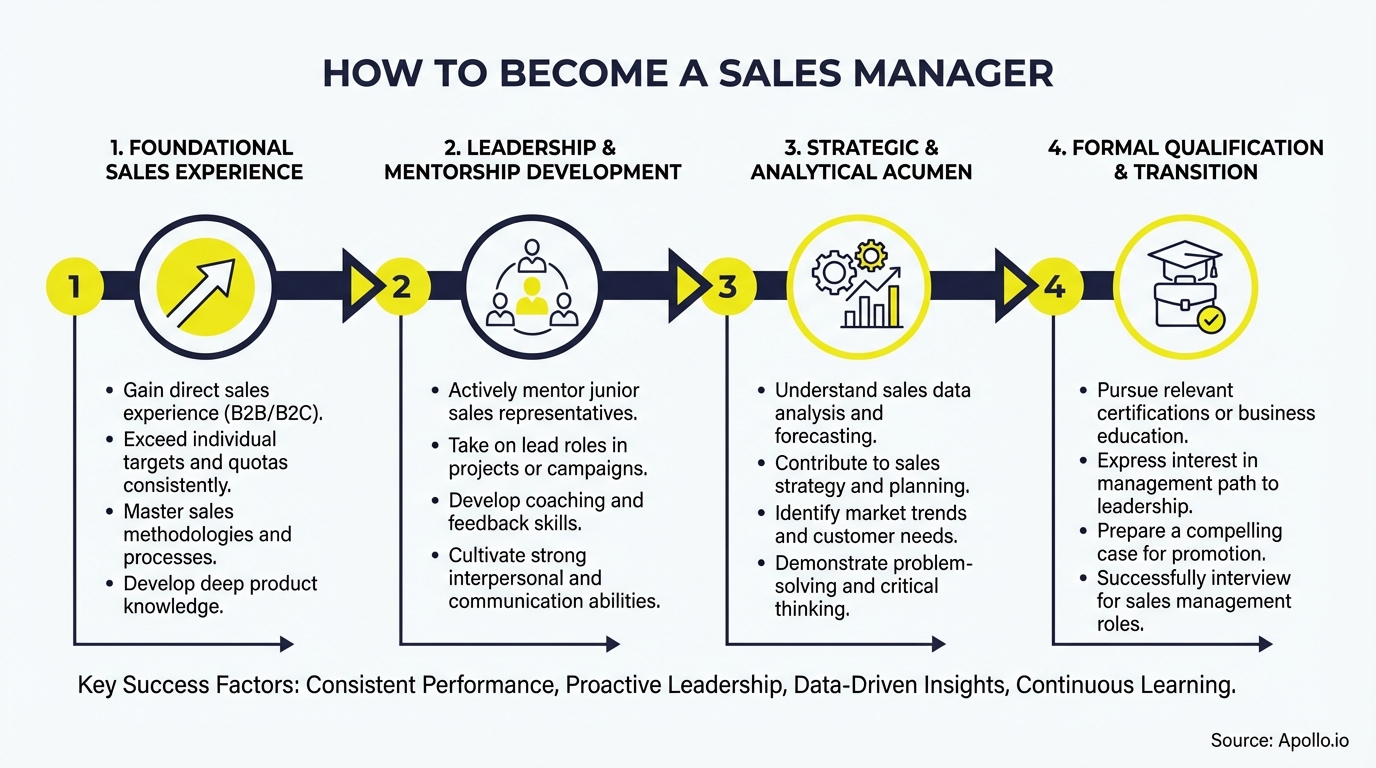 A four-step infographic details the path to becoming a sales manager.