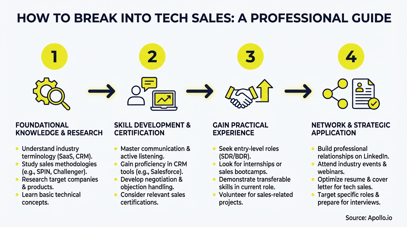 A four-step professional guide using icons and text illustrates how to break into tech sales.