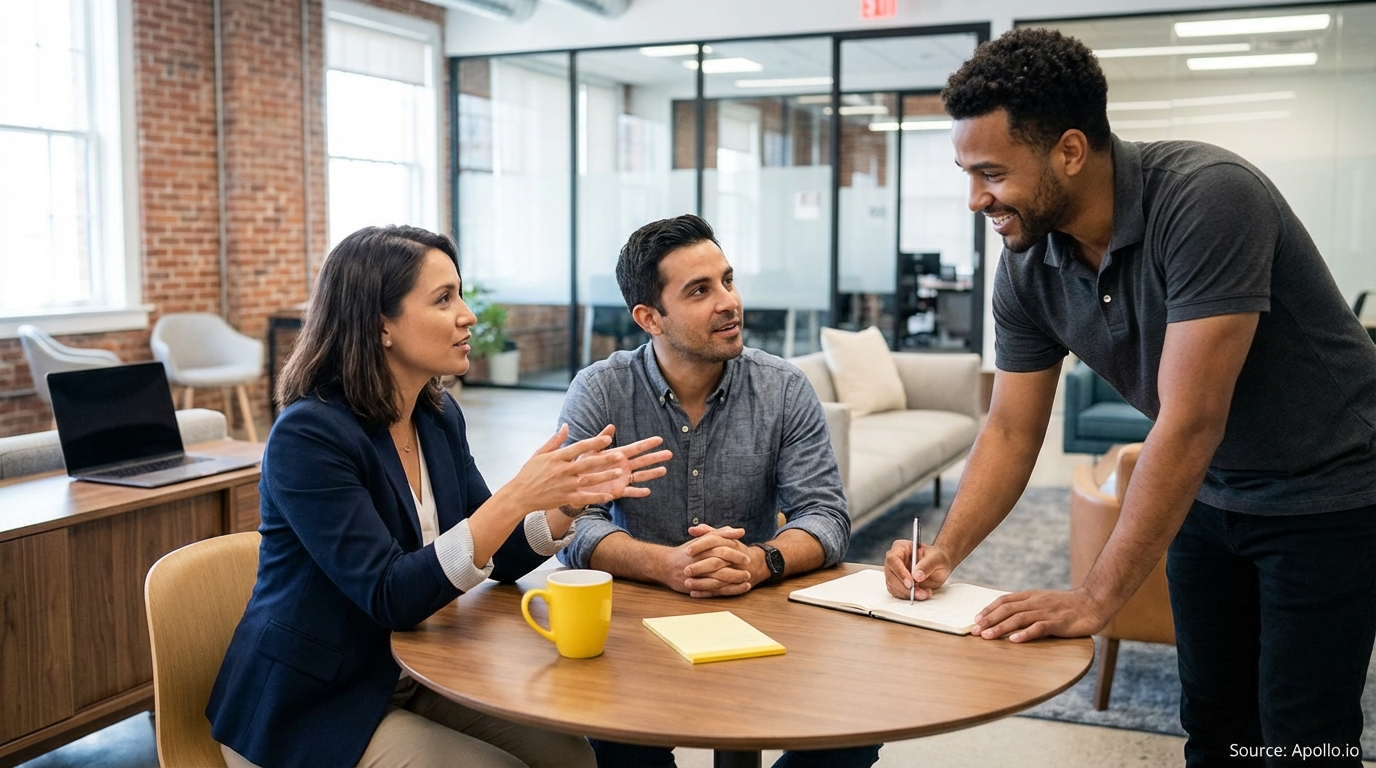 Three professionals discuss and take notes at a modern office table.