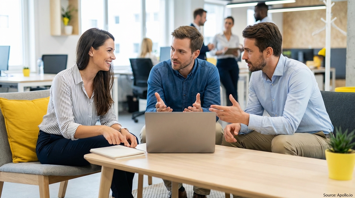 Three colleagues discuss work around a laptop in a bright, modern office.