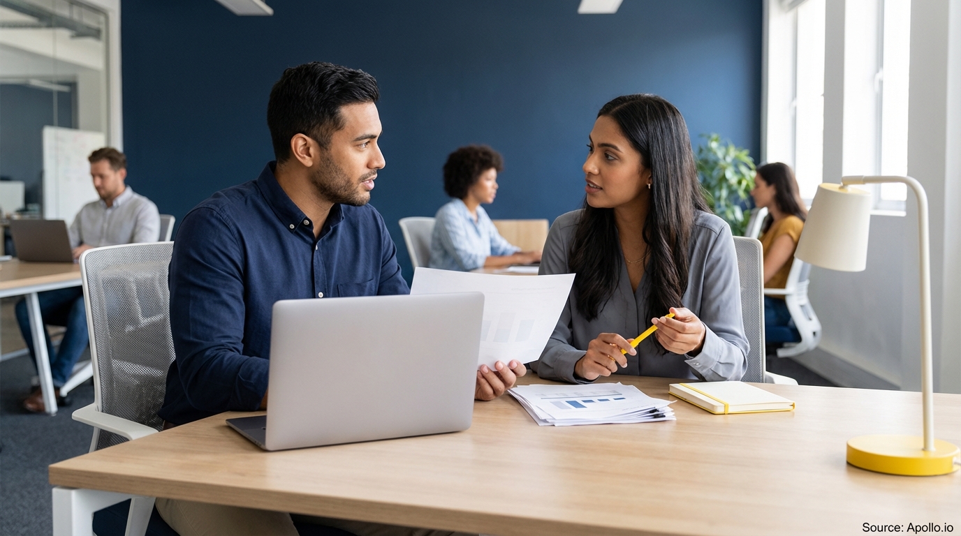A man and woman discuss documents and a laptop, with three others working in an office.