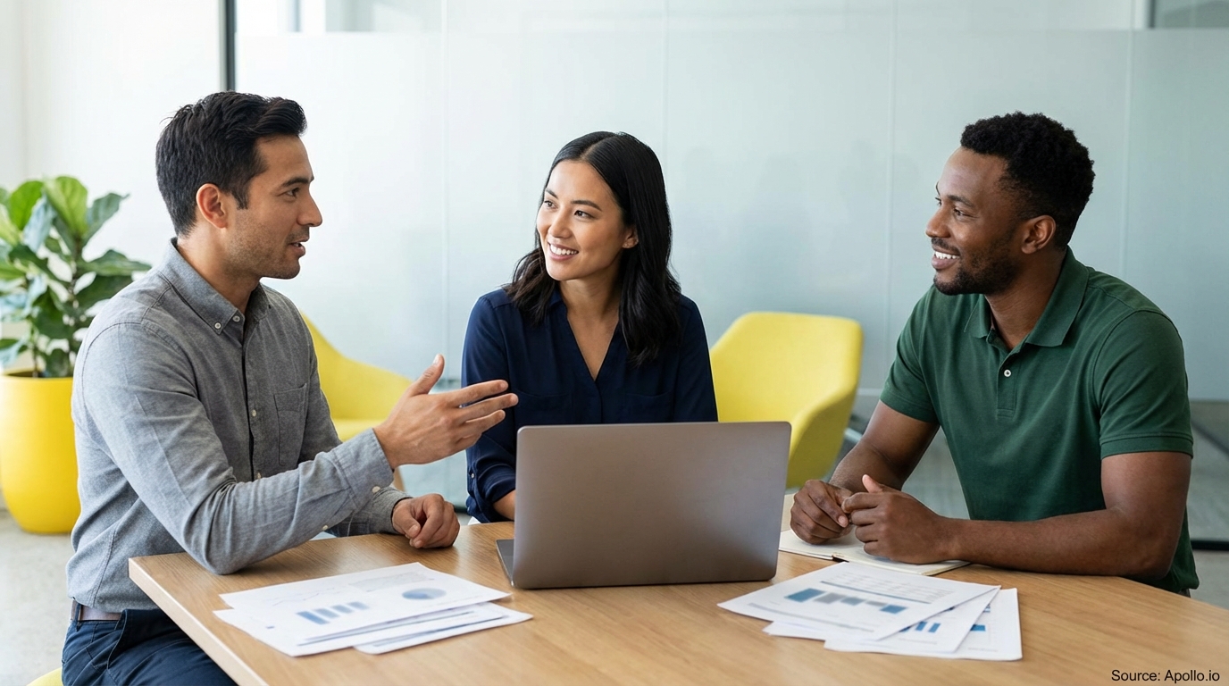 Three professionals discuss work at a modern office table with a laptop and papers.