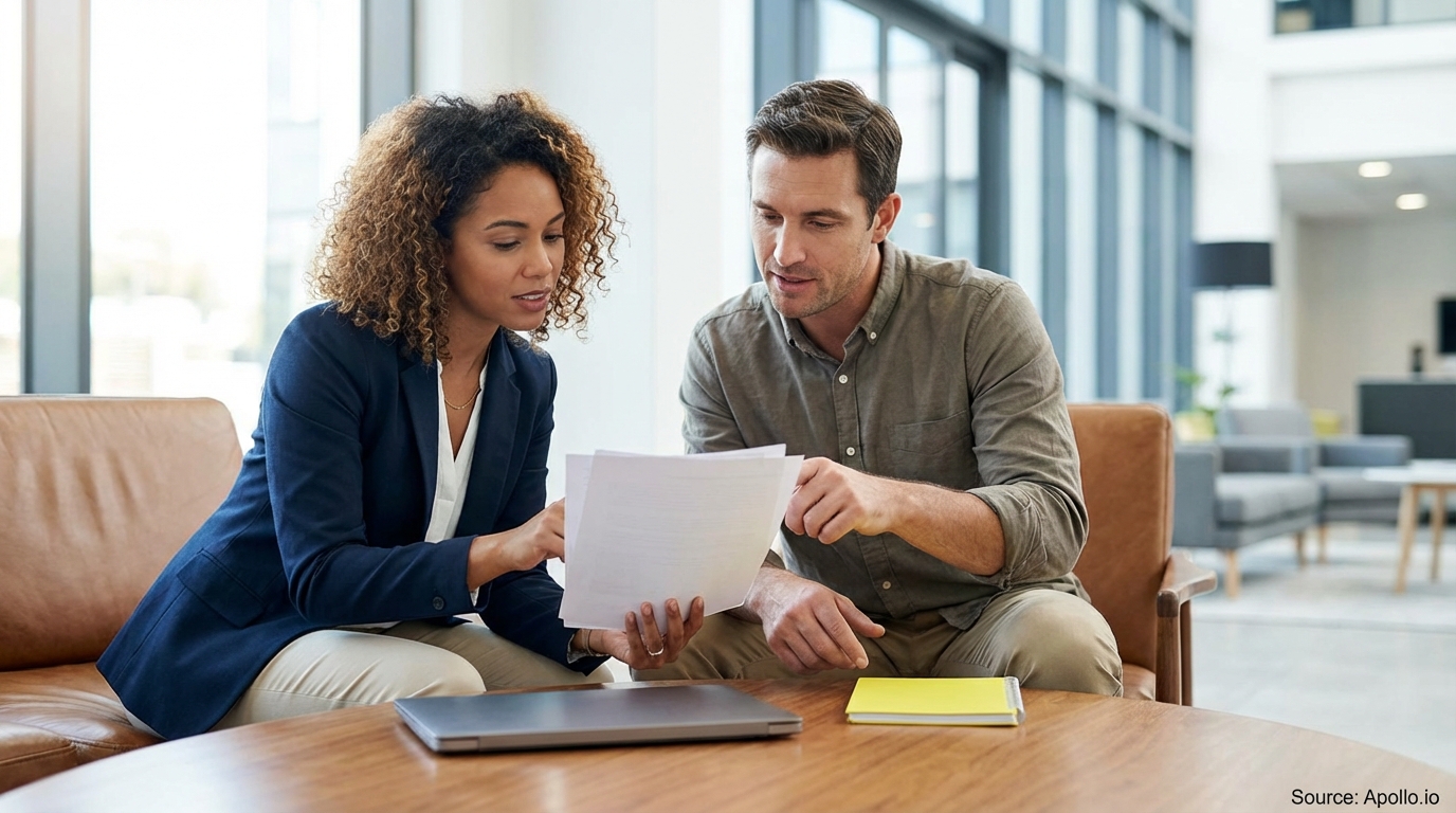 Two professionals discuss documents at a modern office table in a bright lounge area.