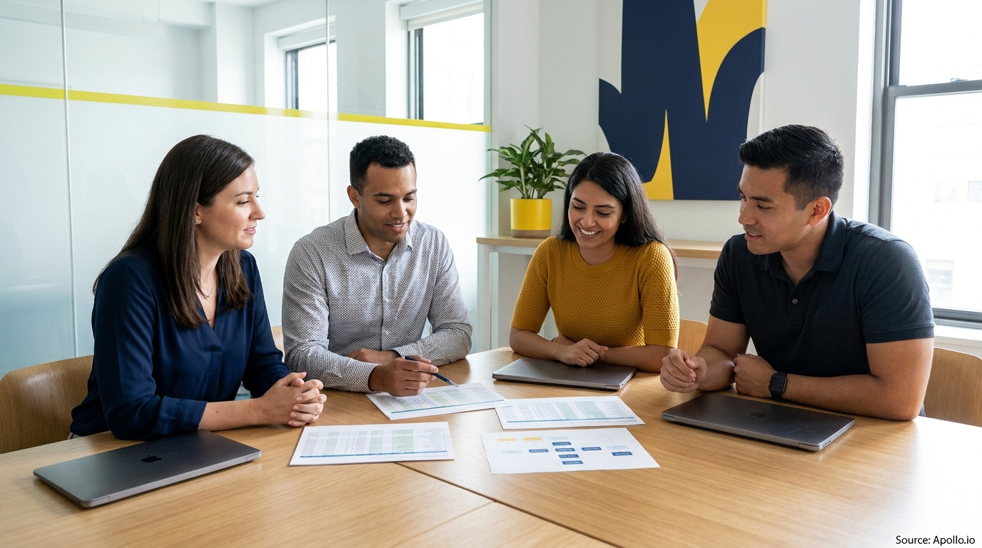 Four colleagues discuss documents and charts at a bright office table.