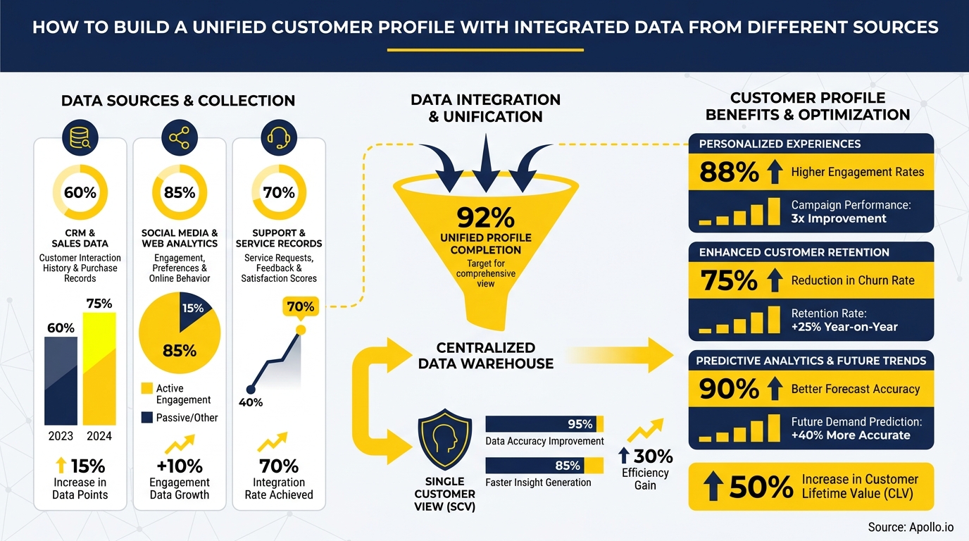 Infographic illustrating data sources, integration, and benefits of a unified customer profile.