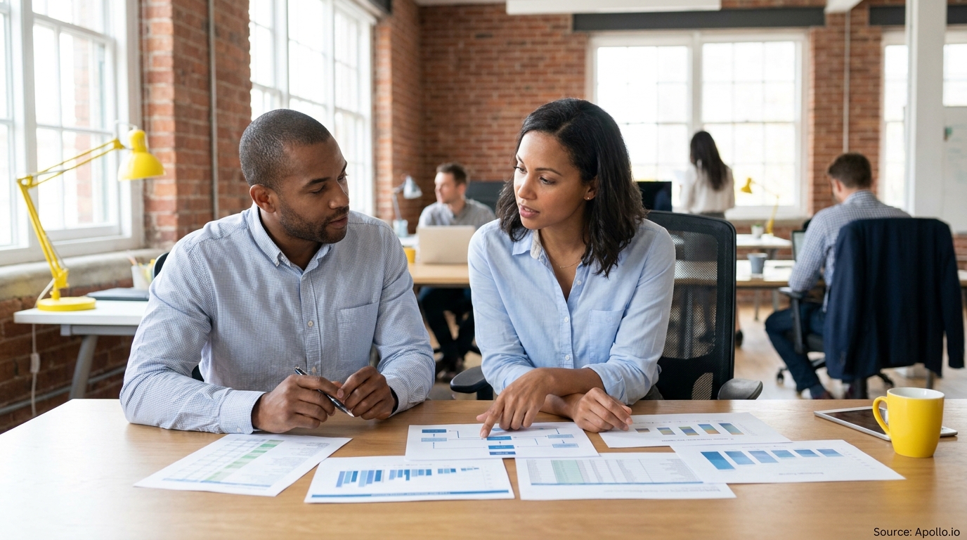 Two colleagues analyze charts and data on documents at an office table.