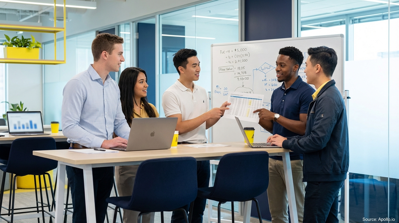 Sales team collaborating in a modern open-plan office in a sales team meeting