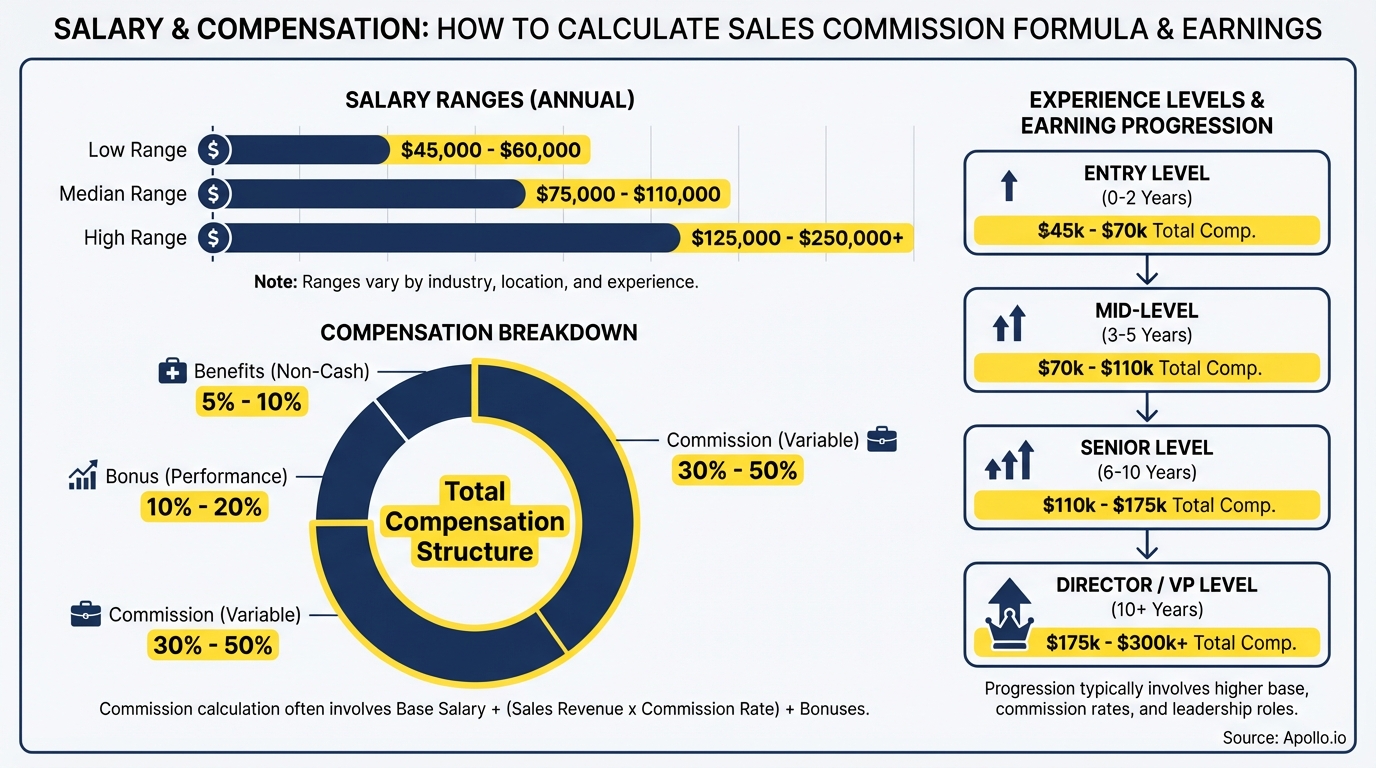 Infographic showing sales professional salary ranges and compensation breakdown by experience level