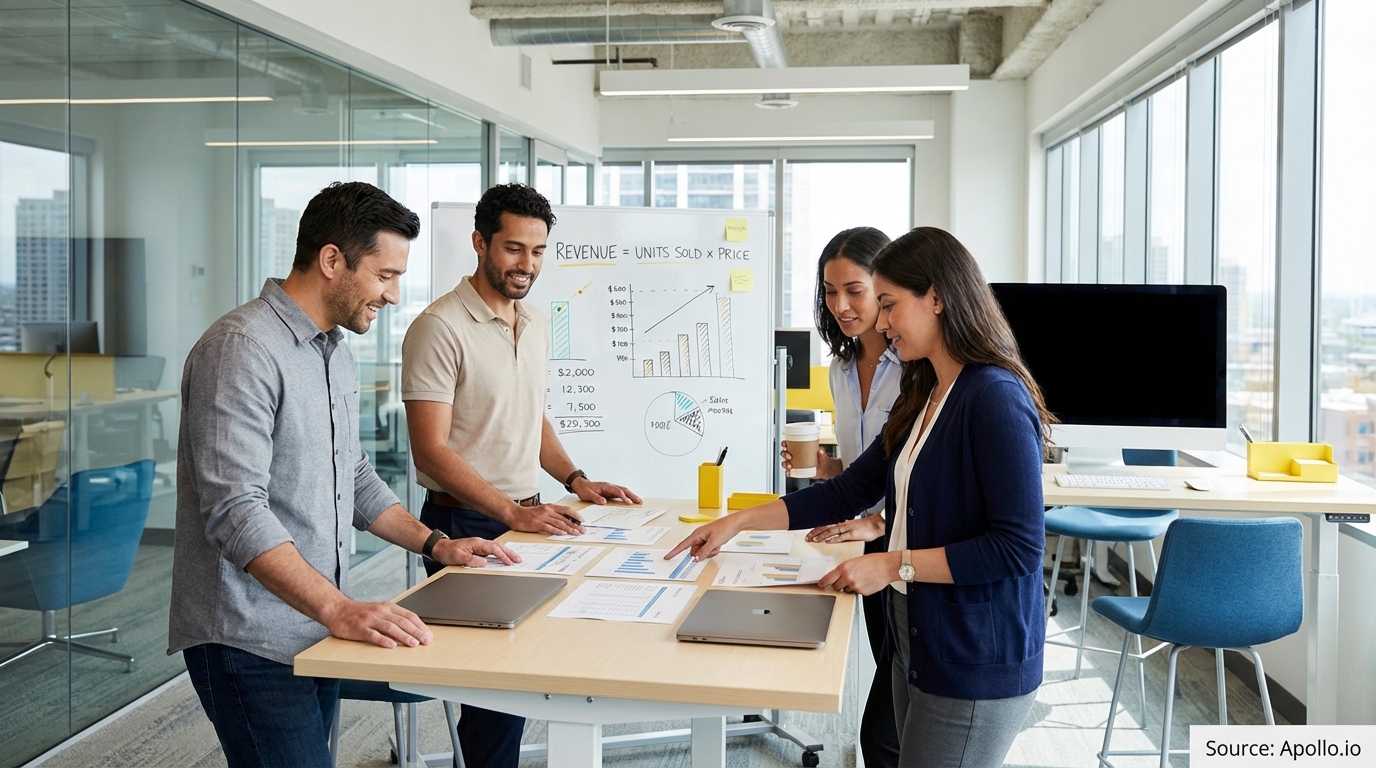 Sales team collaborating in a modern open-plan office in a sales team meeting