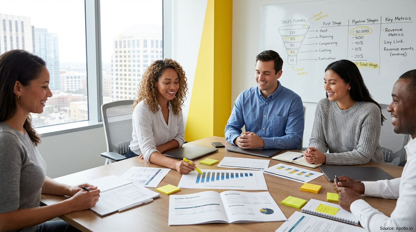 Sales professionals discussing strategy around a conference table in a sales team meeting