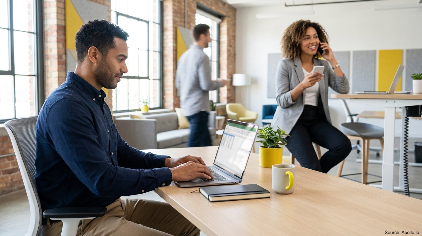 Two professionals work in a modern office, a man types on a laptop, a woman talks on the phone.