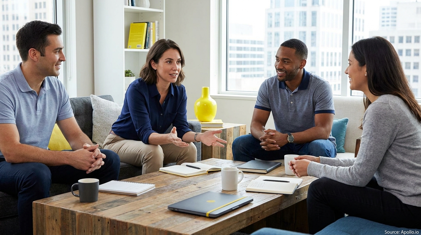 Four professionals converse around a coffee table in a modern office lounge.
