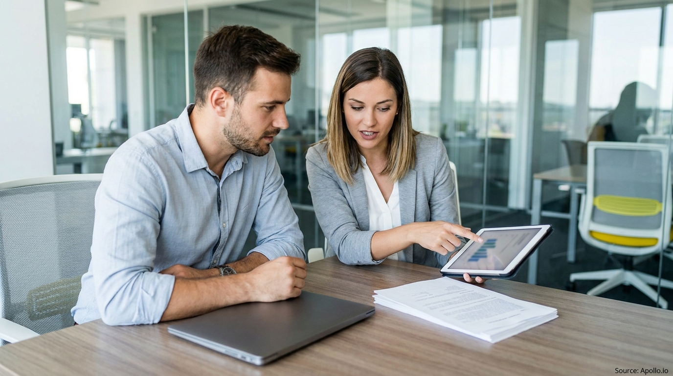 Two colleagues analyze a graph on a tablet during a meeting in a modern office.