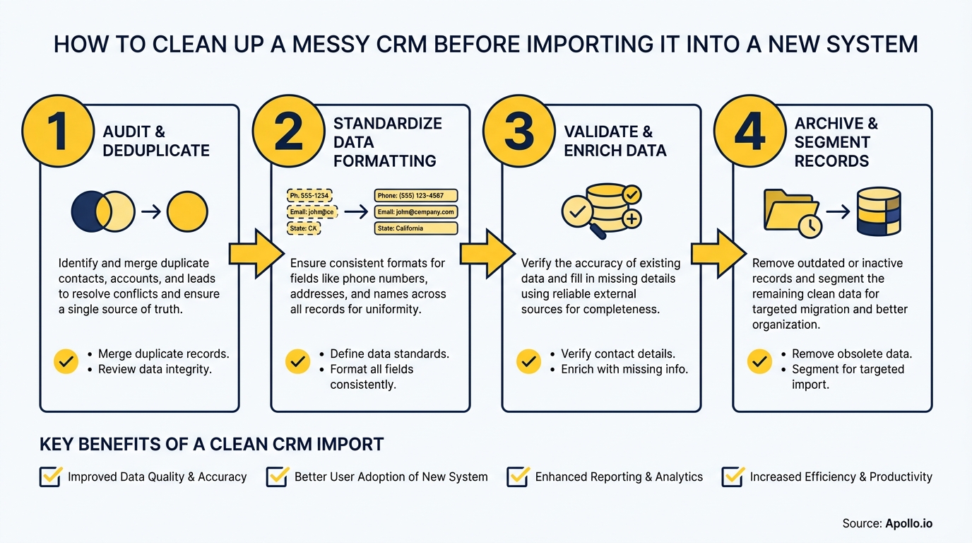 A four-step diagram illustrates cleaning, standardizing, validating, and segmenting CRM data for import.