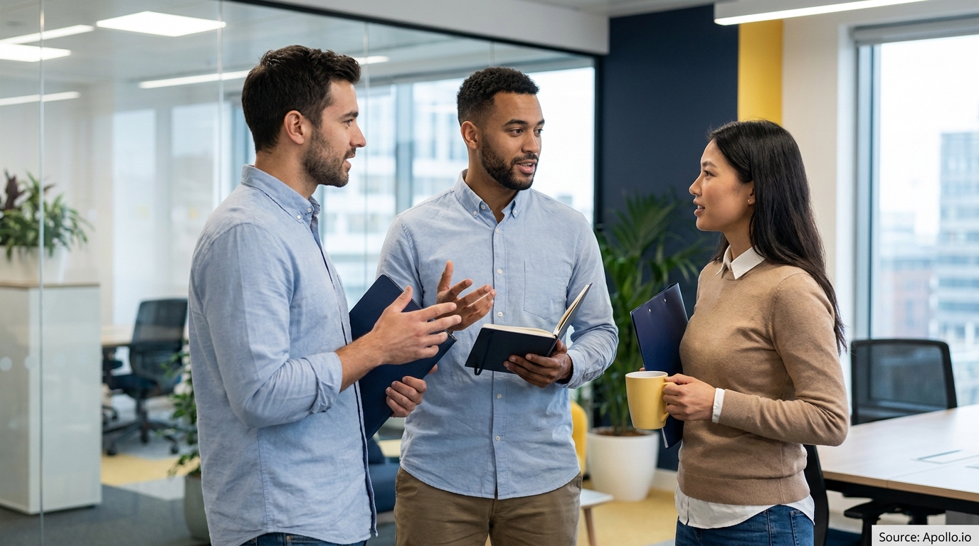 Three diverse colleagues discuss in a modern office, holding documents and a mug.