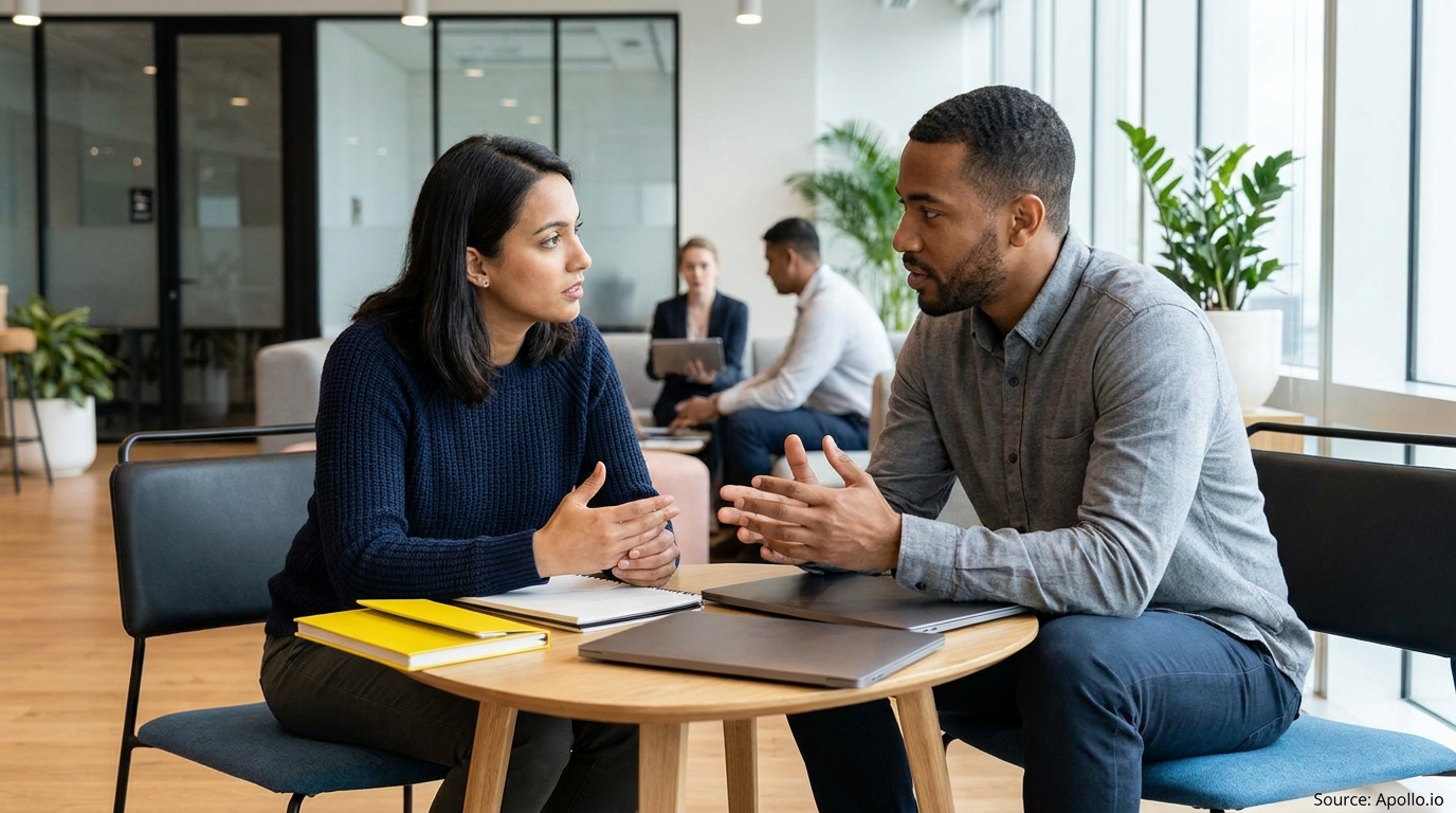 Two professionals talk at a table in a bright office while others work in the background.