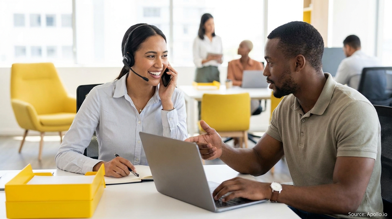 Two colleagues at a modern office desk, one talking on a headset phone while the other gestures at a laptop.