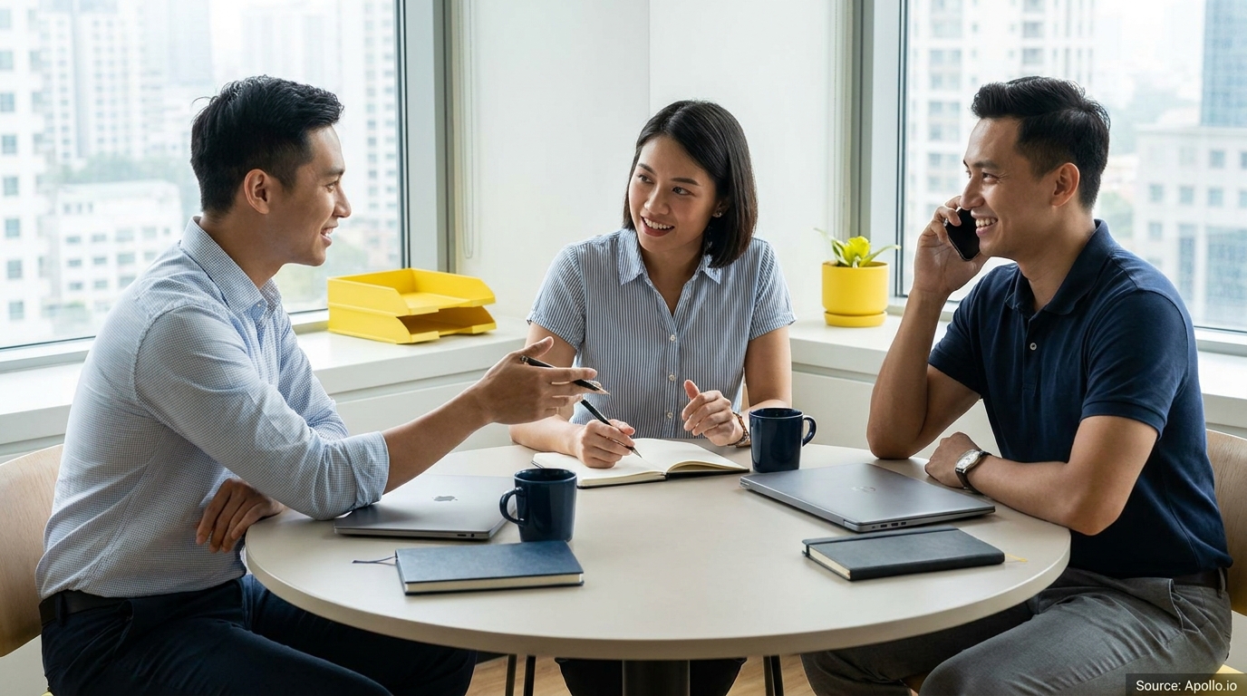 Three professionals discuss at a modern office table, with one talking on a smartphone.