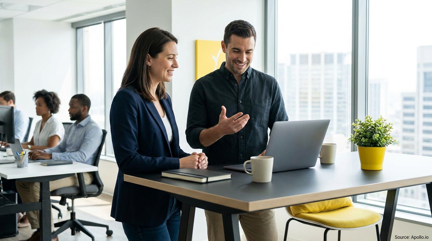 Two smiling colleagues discuss a laptop at a standing desk in a modern office.