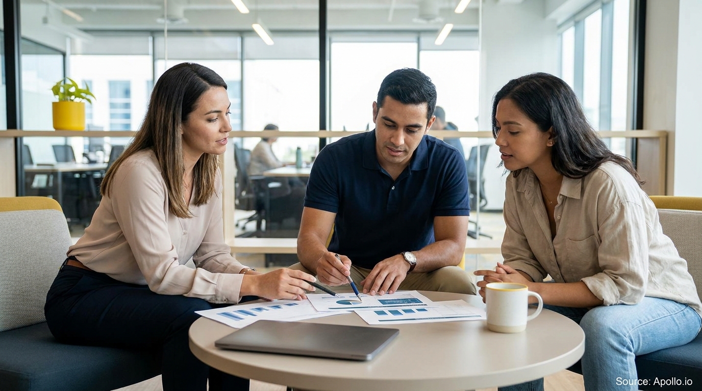 Three professionals review charts and graphs on documents at an office table.