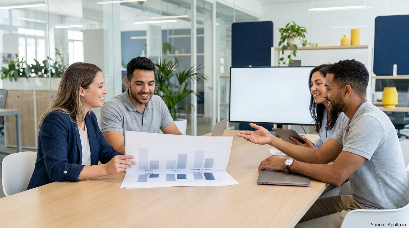 Four smiling professionals discuss charts and laptops at a modern office table.