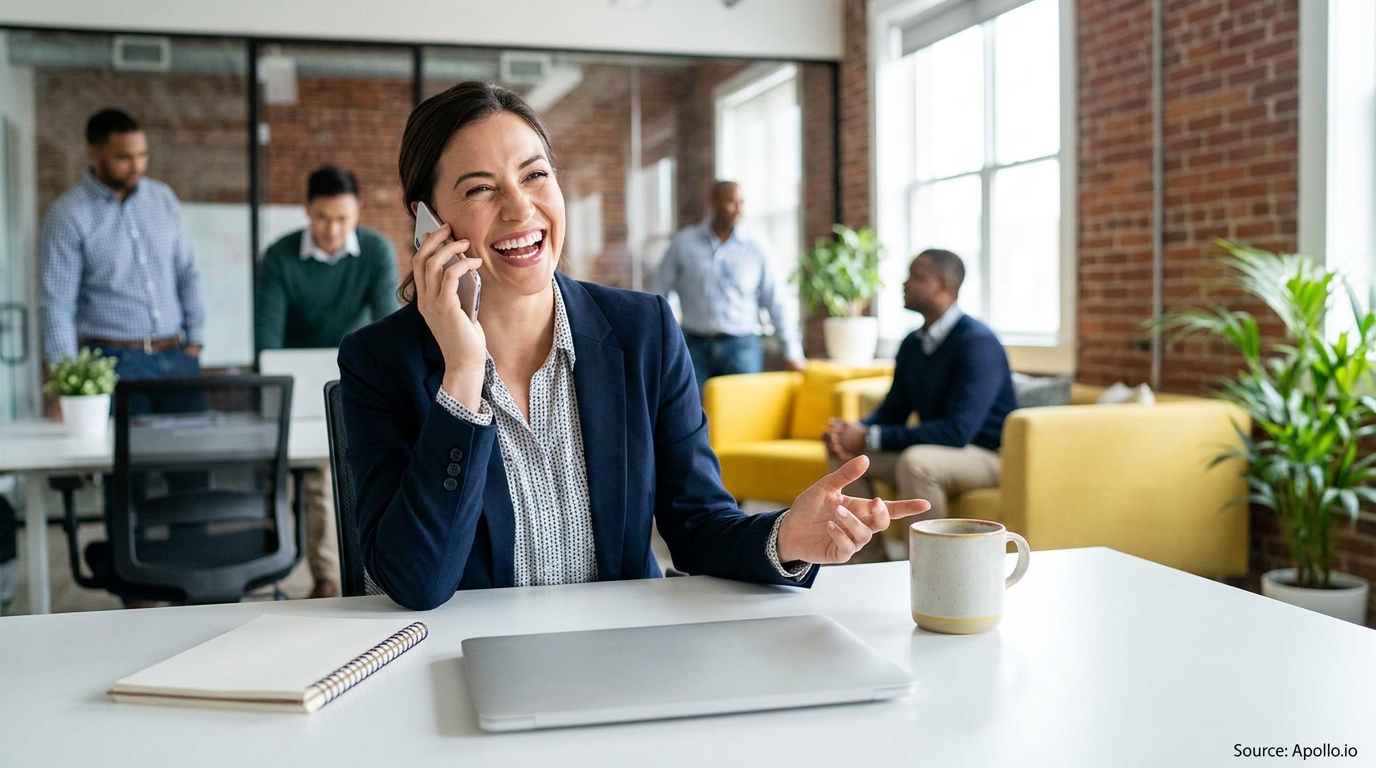 A woman laughs on a phone at a desk in a bustling modern office with four colleagues.