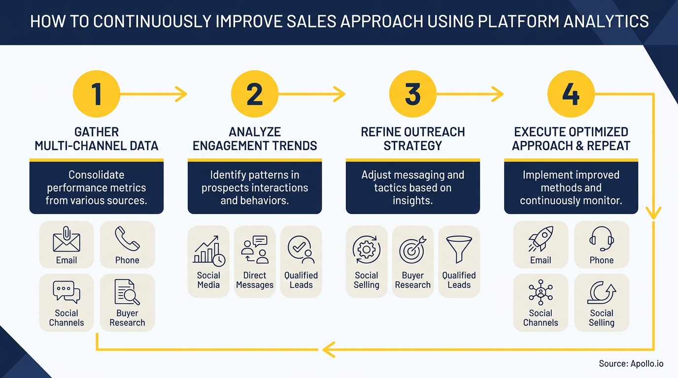 A four-step diagram illustrating how to improve sales with analytics, showing data gathering, analysis, strategy, and execution.