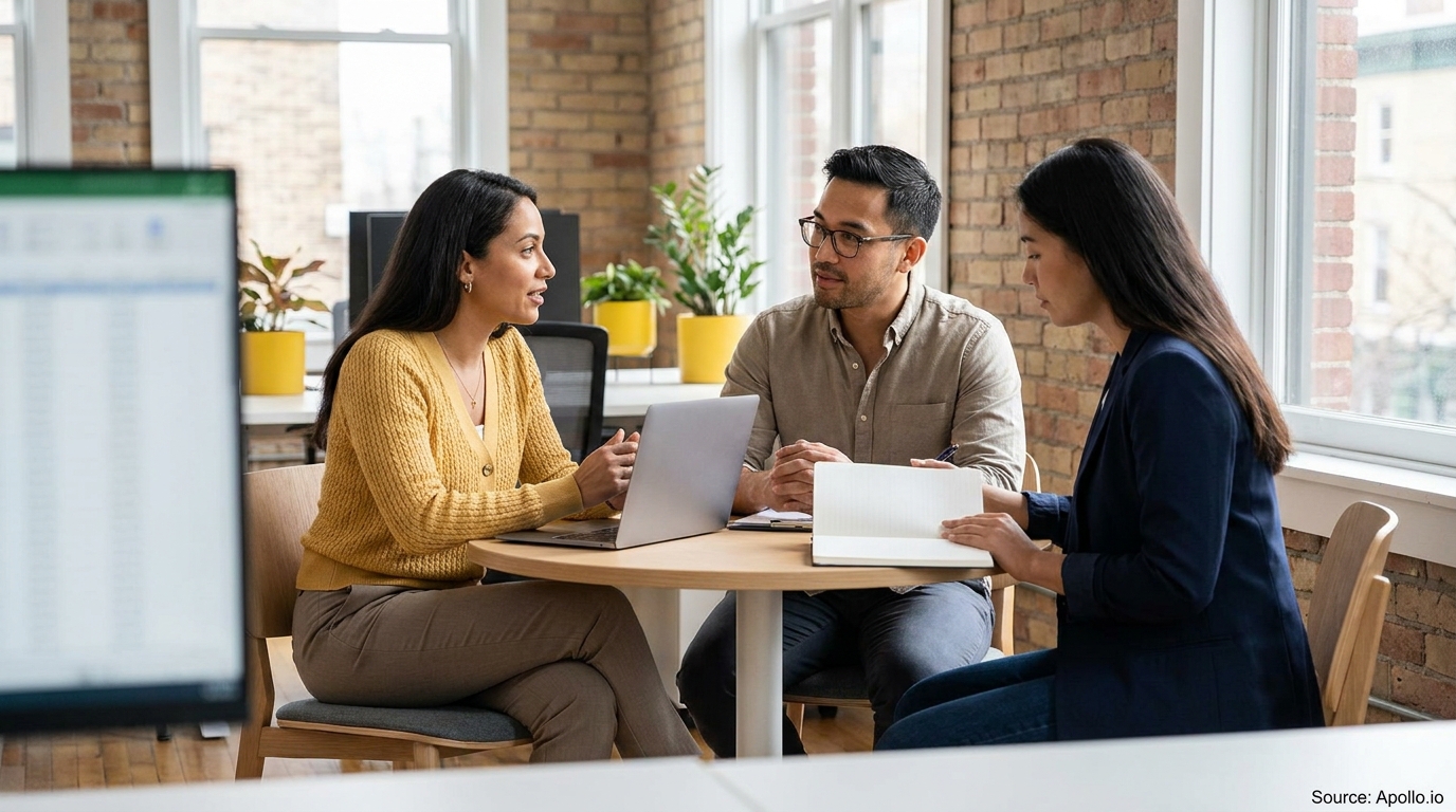 Three colleagues collaborate at a table in a modern office.