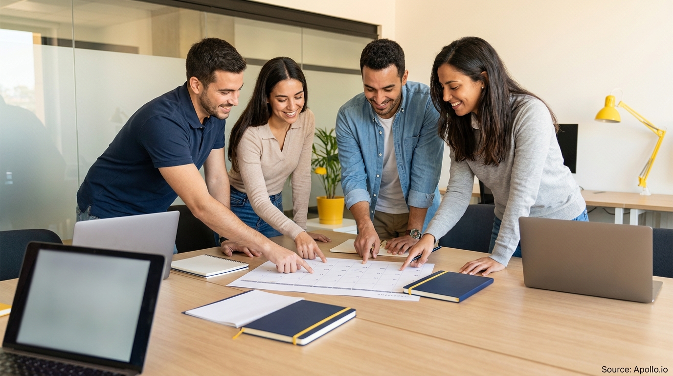 Four smiling professionals coordinate schedules on a paper calendar at an office table.