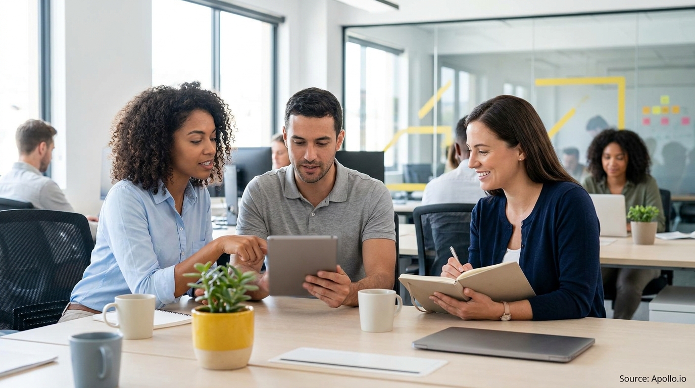 Three diverse professionals collaborating at a modern office desk with a tablet and notebook.