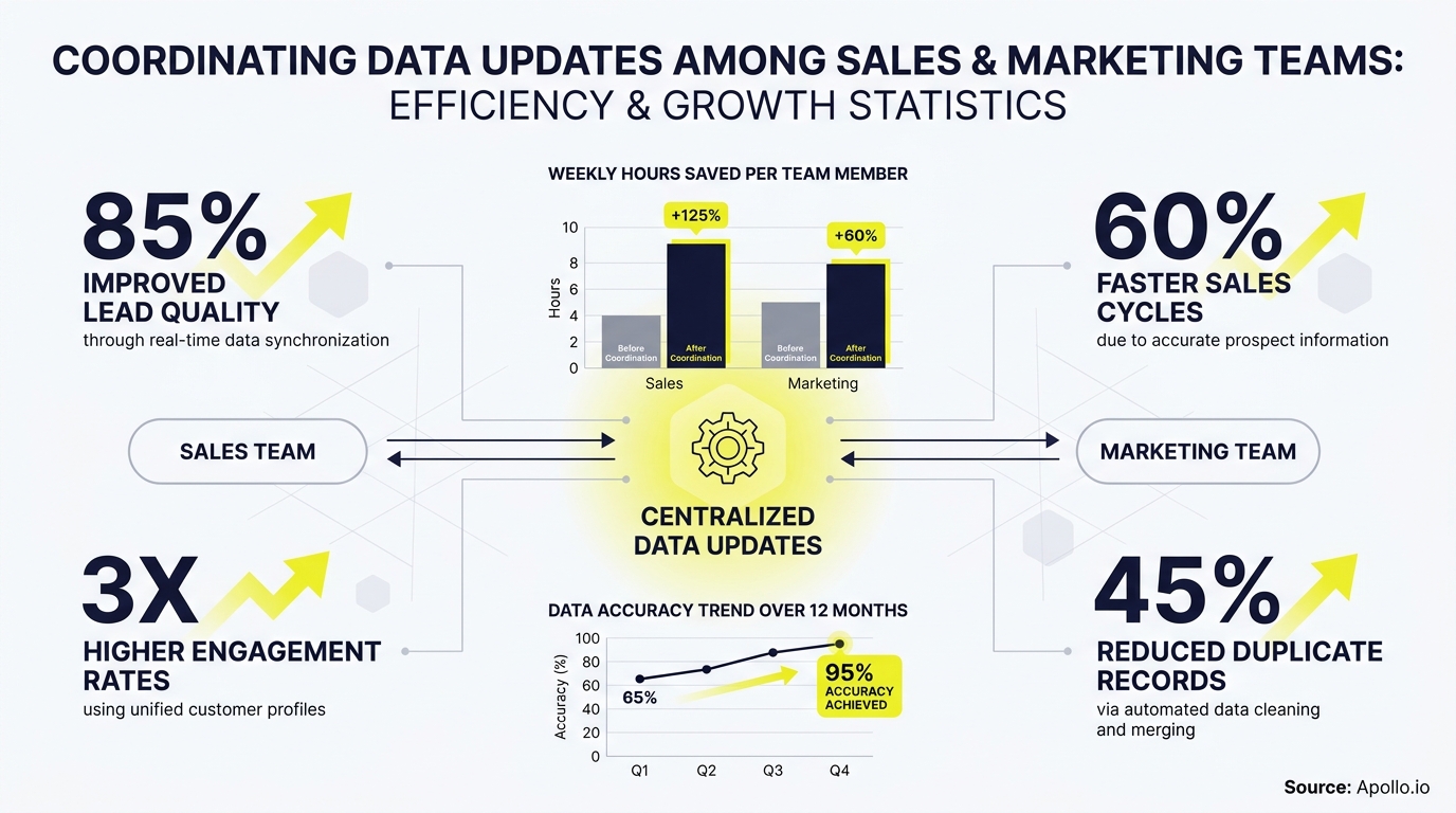 Diagram showing sales and marketing teams linked by centralized data updates, with efficiency statistics.