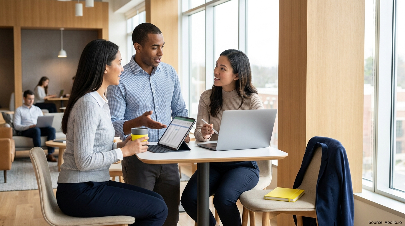 Three colleagues collaborate, looking at a tablet and laptop in a bright, modern office.