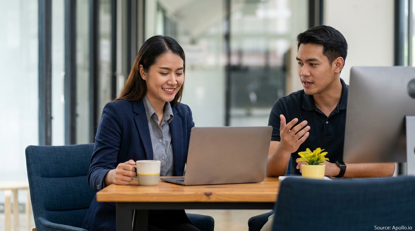 Two professionals discuss ideas at an office table with a laptop.