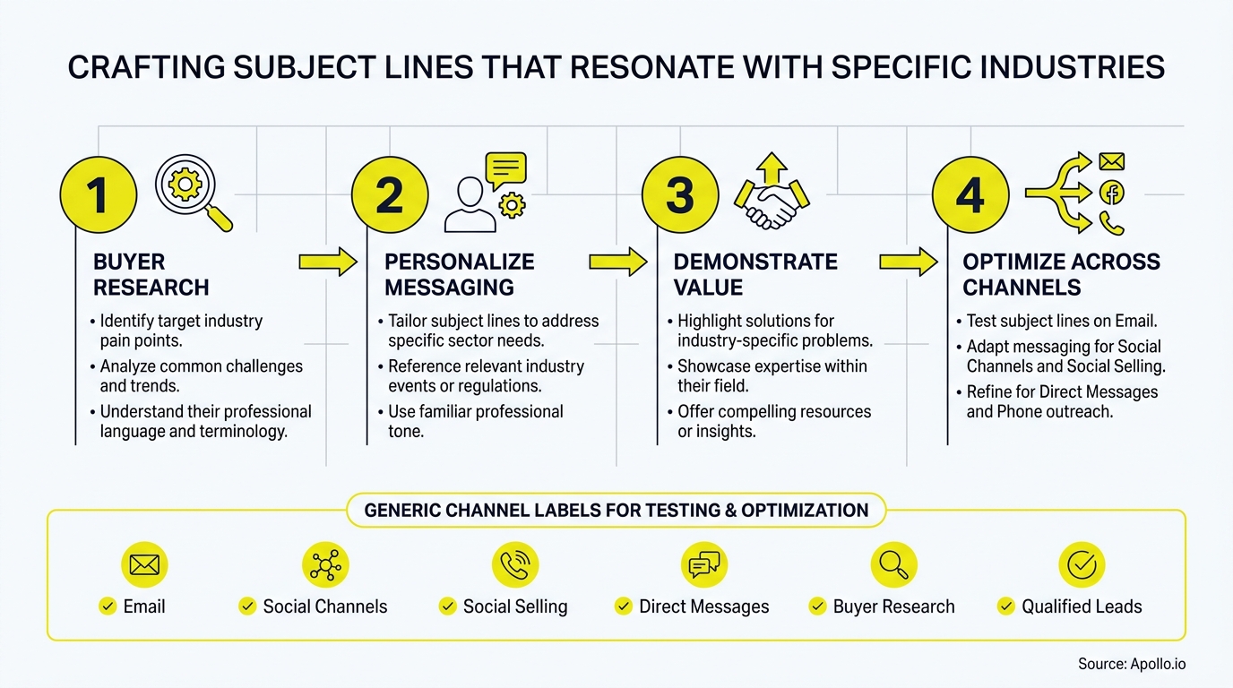 A four-step diagram illustrates crafting industry-specific subject lines, showing research, personalization, value, and optimization.
