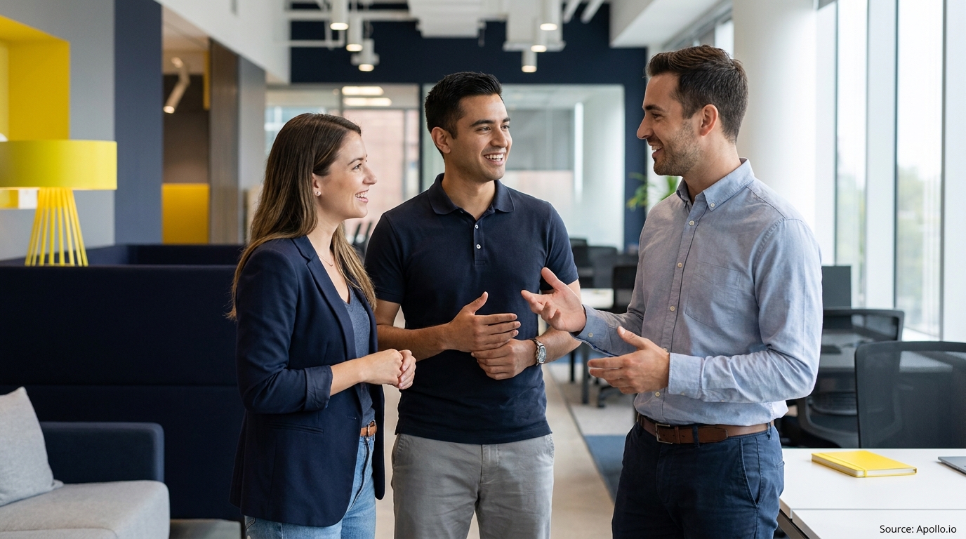 Three professionals stand talking and smiling in a bright, modern office.