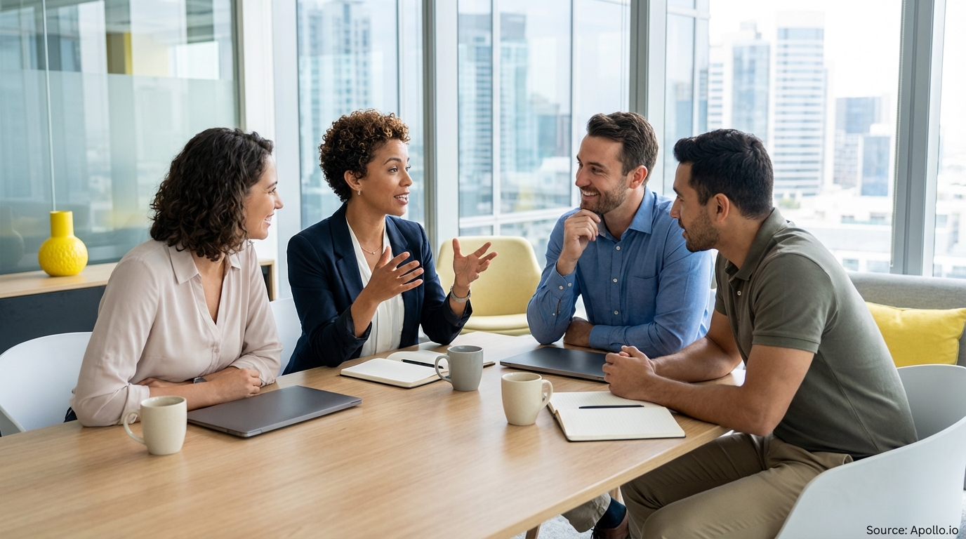 Four professionals discuss ideas at a modern office table with city views.