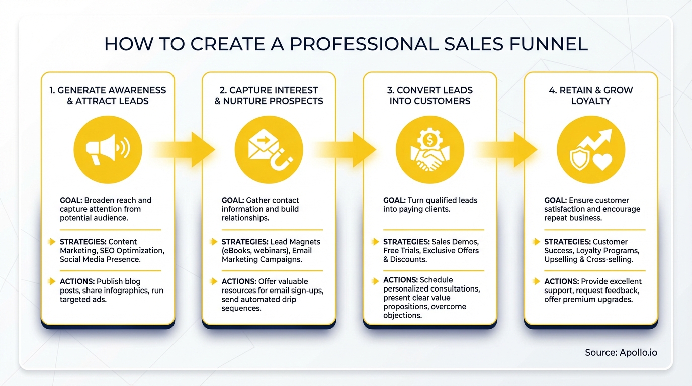 A four-step sales funnel diagram illustrating how to attract, nurture, convert, and retain customers.
