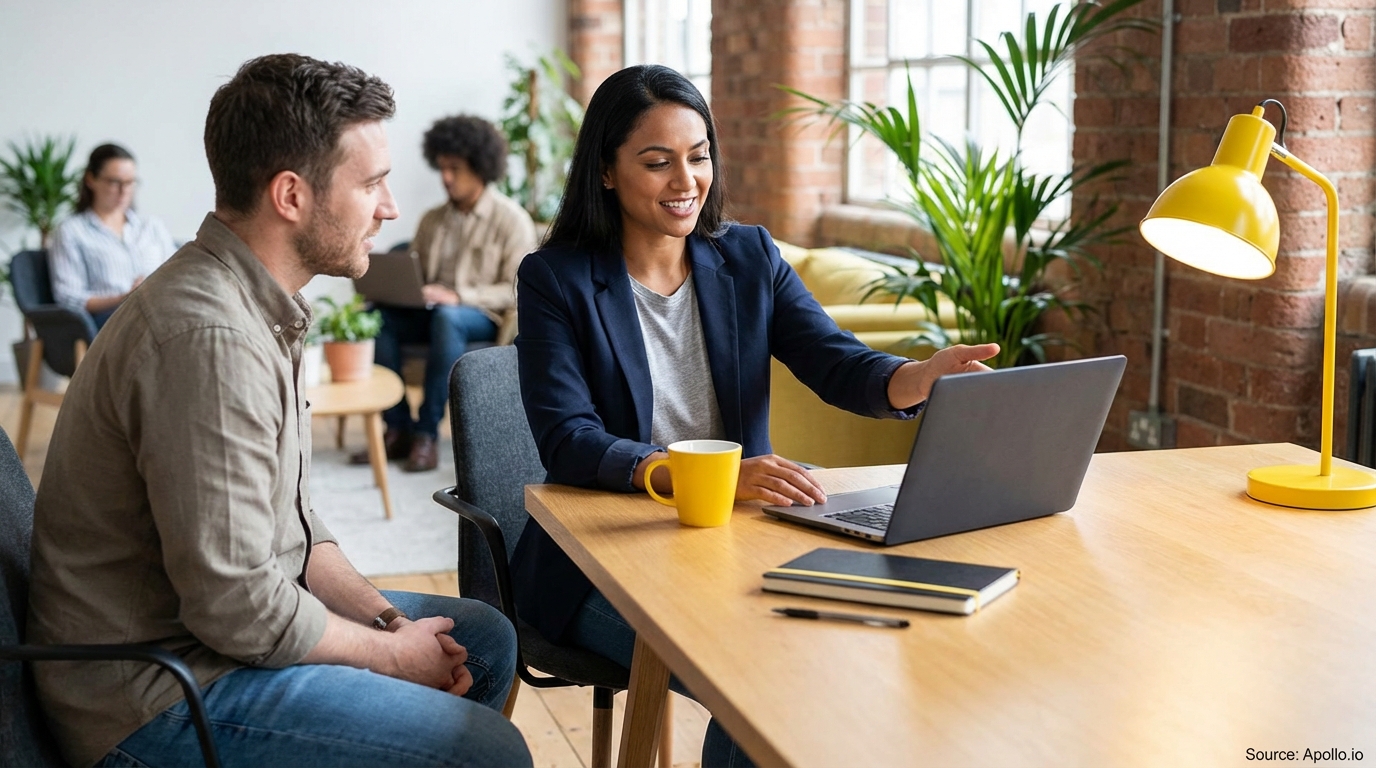 Two professionals discuss a laptop at a modern office desk.