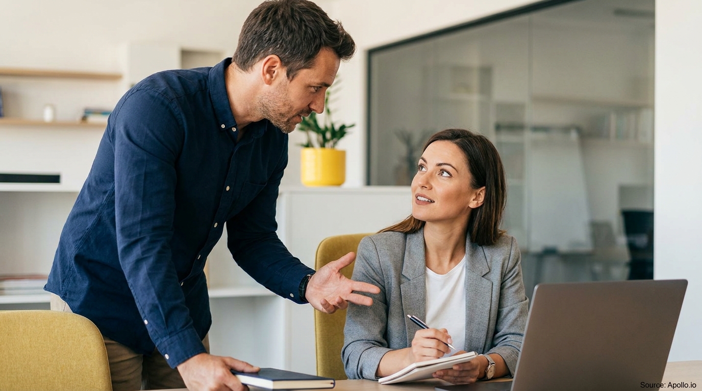 A man talks to a woman taking notes at a laptop in a bright modern office.