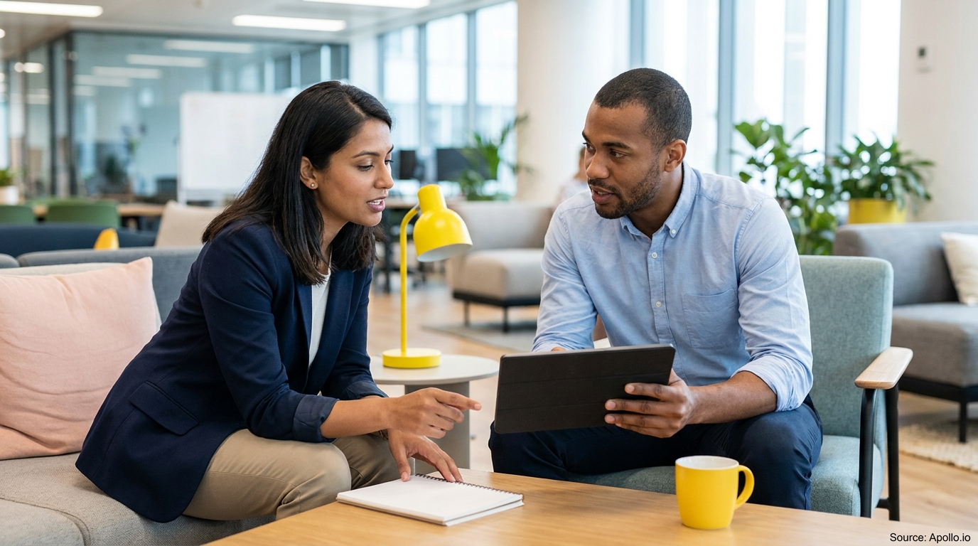 Two professionals discuss a tablet and notebook in a modern office lounge.