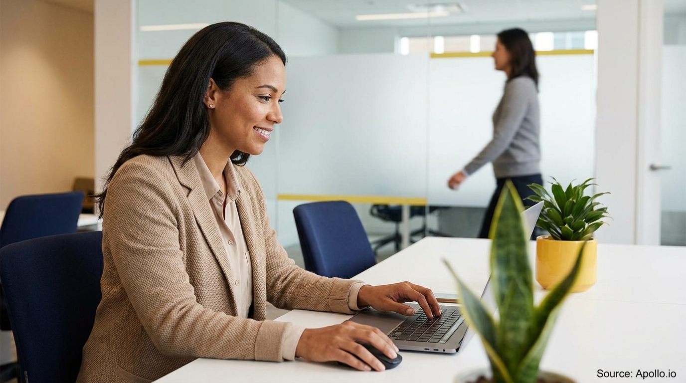 Two women in a modern office, one smiling and working on a laptop, another walking in the background.