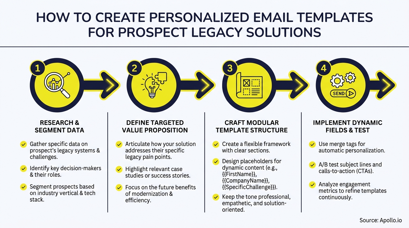 Diagram illustrates four steps to personalized email templates, from research to implementation.